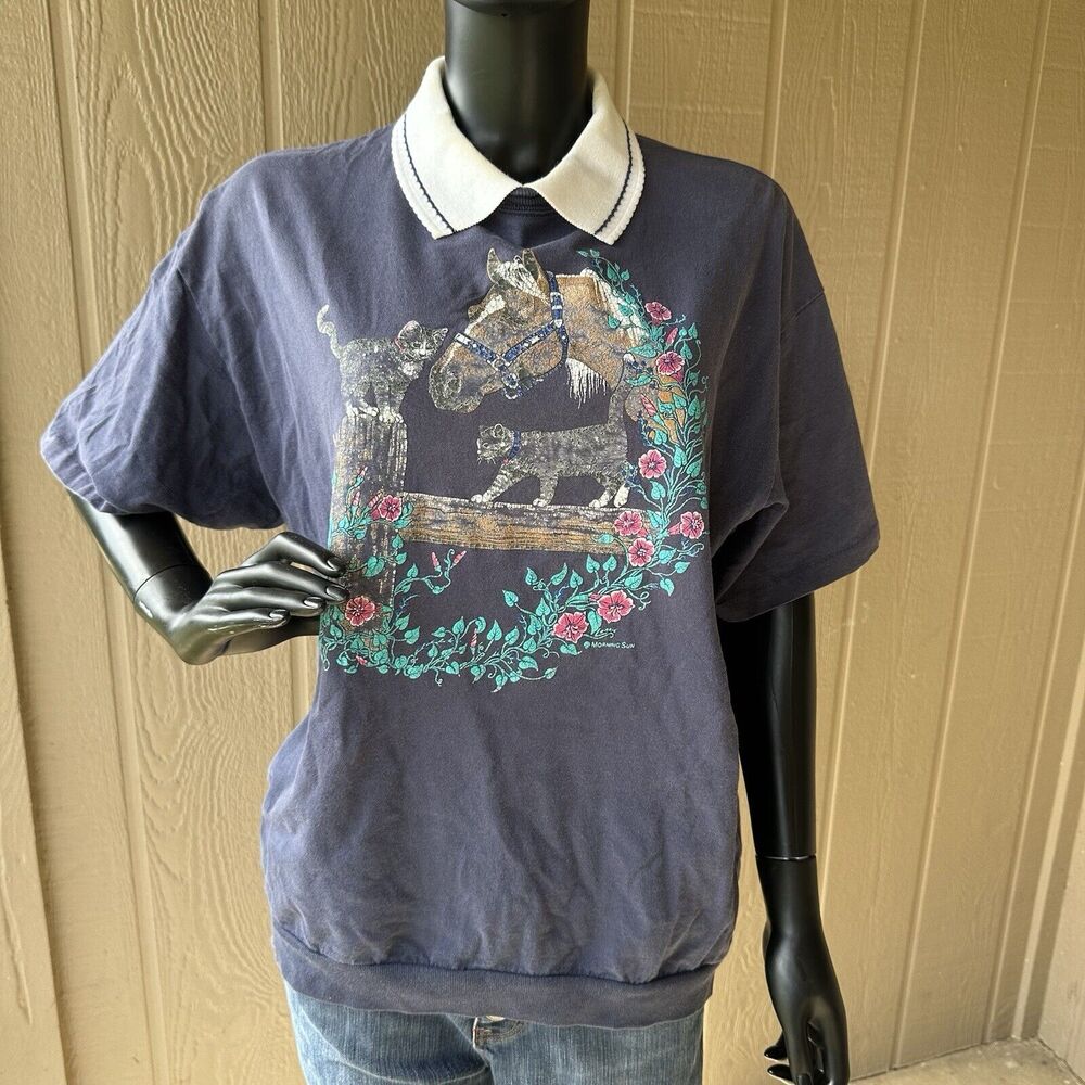 Vintage 90s Morning Sun Horse Kitten Womens Shirt Size‎ Large Grandmacore Collar